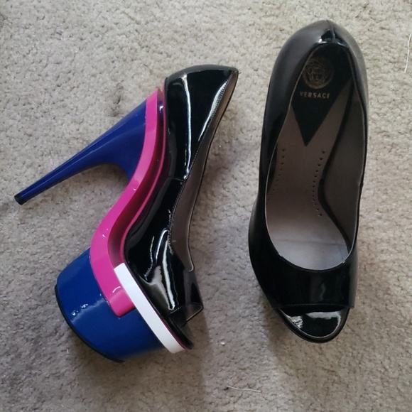 Versace Shoes - Versace Stacked Peep Toe Pumps
